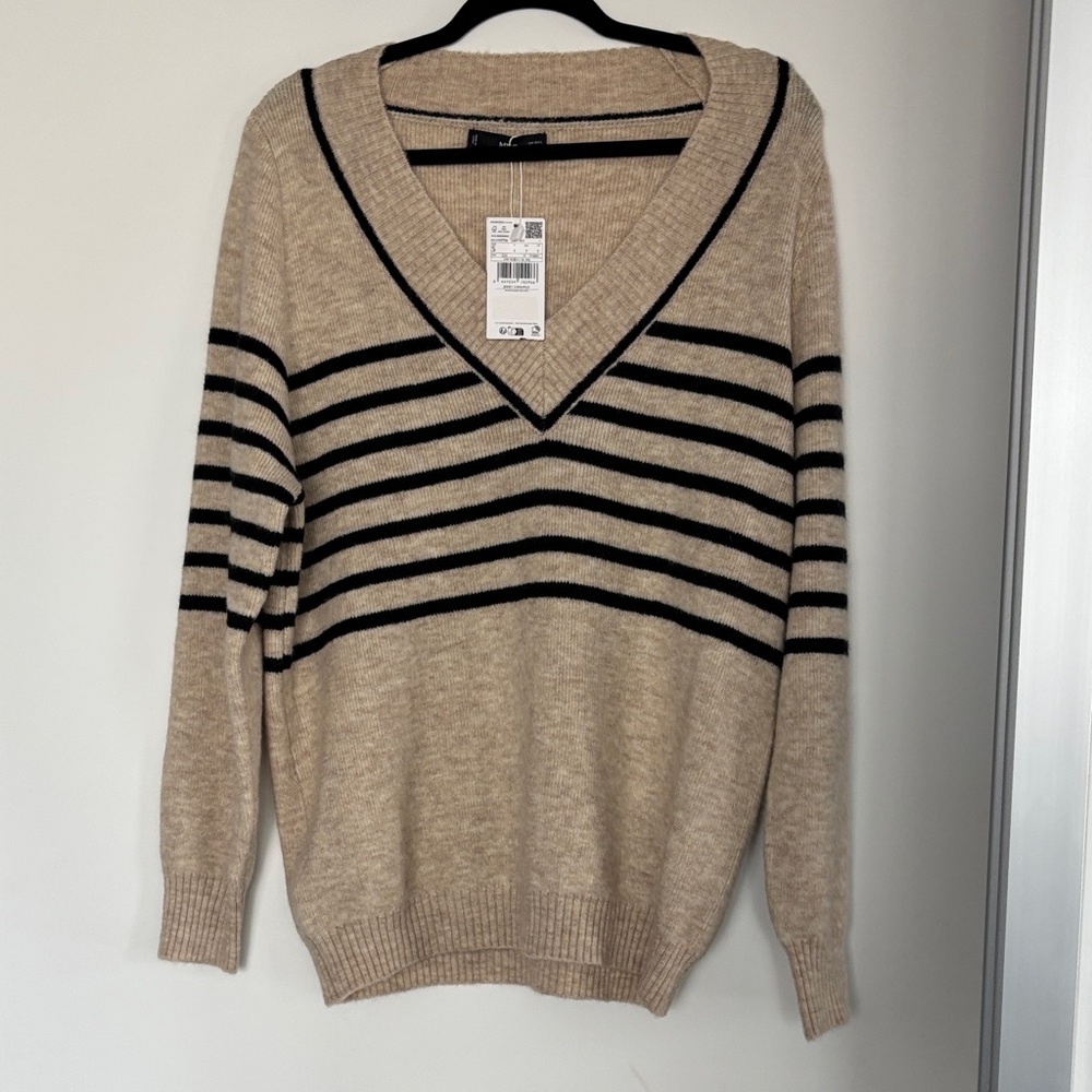 Mango Beige and Black Striped V-Neck Sweater
